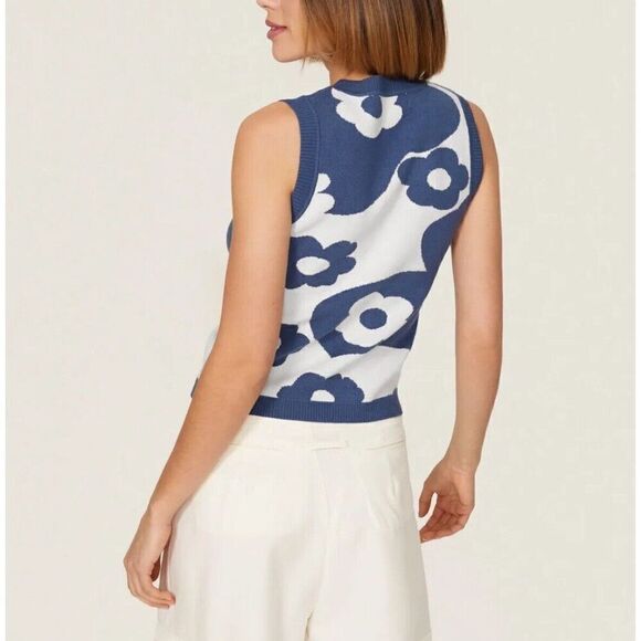 LOUNA Sweater Womens Large Blue Floral Knit Tank Sleeveless Abstract - Picture 2 of 10